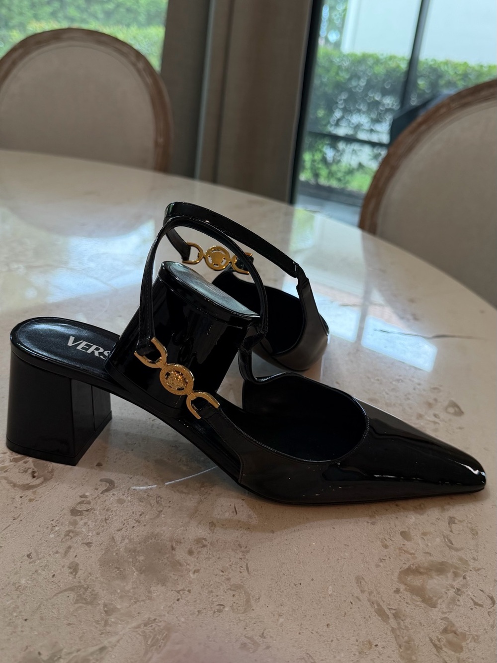 Versace Black Patent Leather Mid-Heel Slingback Pumps